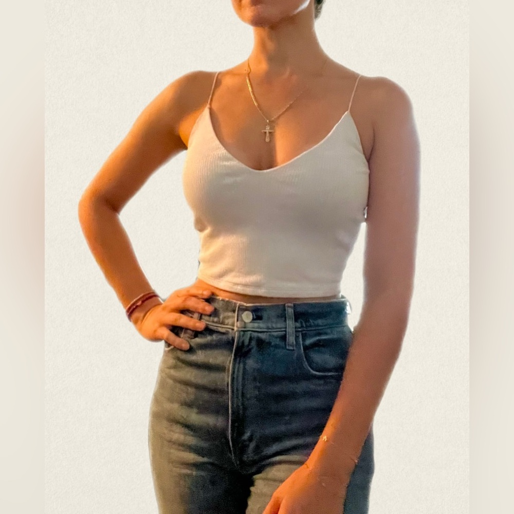 White Ribbed Cropped Tank Top